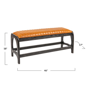 Rowena Interiors Mango Wood Arch Base Bench with Channel Stitched Seat for Entryway or Bedroom Black Leather EC1983