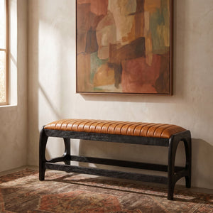 Rowena Interiors Mango Wood Arch Base Bench with Channel Stitched Seat for Entryway or Bedroom Black Leather EC1983
