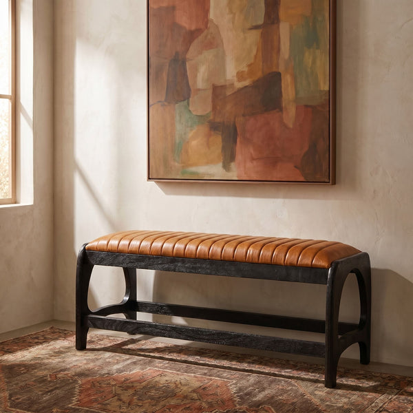 Rowena Interiors Mango Wood Arch Base Bench with Channel Stitched Seat for Entryway or Bedroom Black Leather EC1983