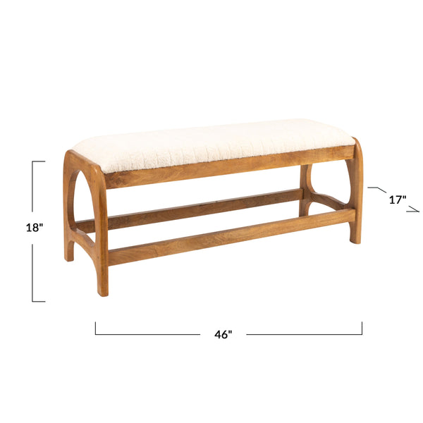 Rowena Interiors Mango Wood Arch Base Bench with Channel Stitched Seat for Entryway or Bedroom Natural Cotton EC1984
