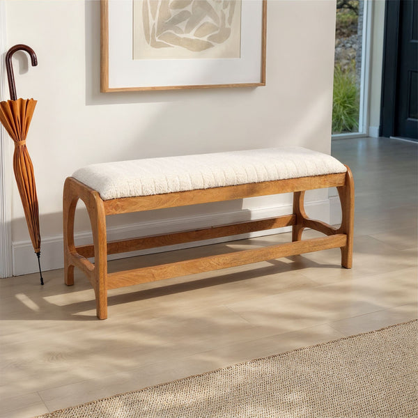 Rowena Interiors Mango Wood Arch Base Bench with Channel Stitched Seat for Entryway or Bedroom Natural Cotton EC1984