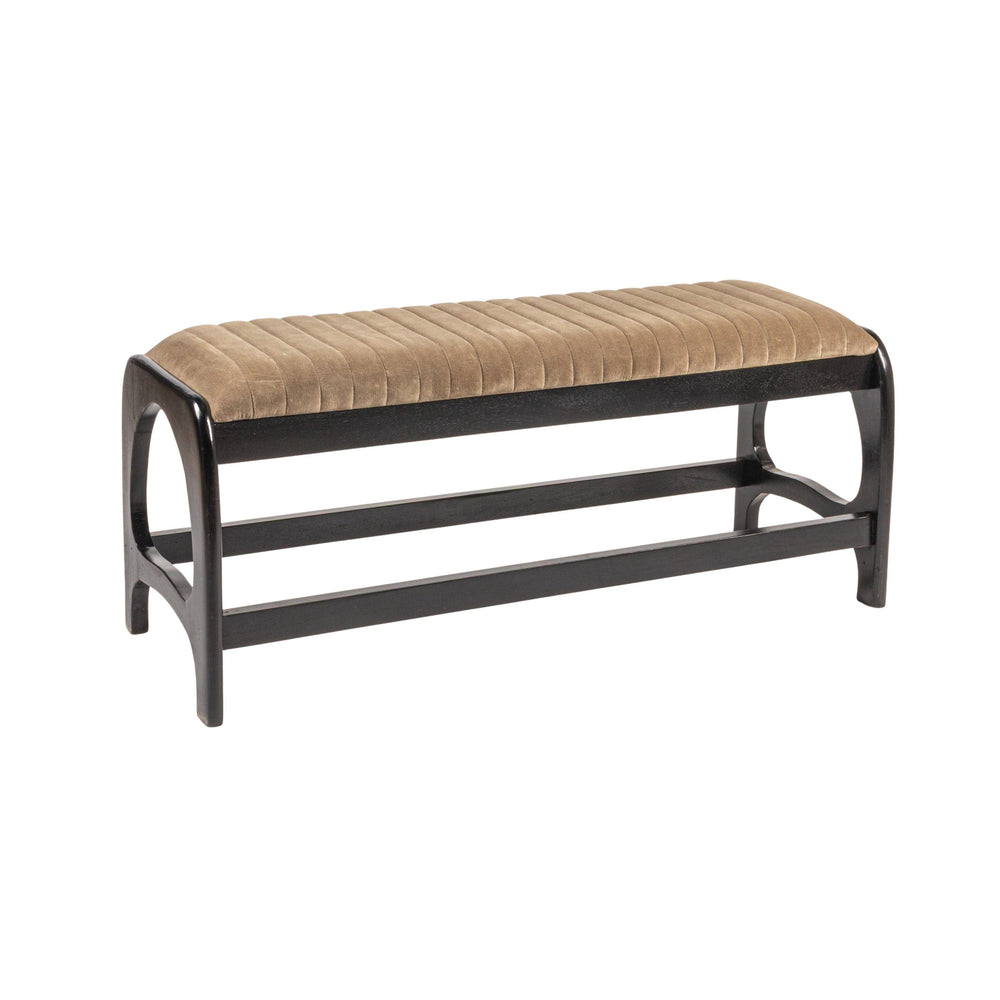 Rowena Interiors Mango Wood Arch Base Bench with Channel Stitched Seat for Entryway or Bedroom Black Velvet EC1985