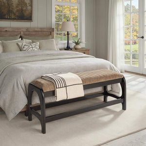 Rowena Interiors Mango Wood Arch Base Bench with Channel Stitched Seat for Entryway or Bedroom Black Velvet EC1985