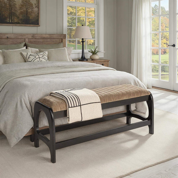 Rowena Interiors Mango Wood Arch Base Bench with Channel Stitched Seat for Entryway or Bedroom Black Velvet EC1985