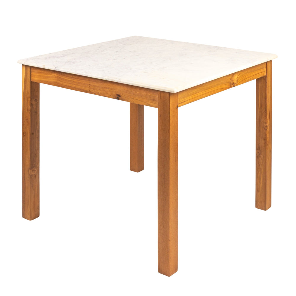 Rowena Interiors Square Solid Teak Marble Dining Table Seats Four Farmhouse Style Compact Nook Walnut Finish EC1986