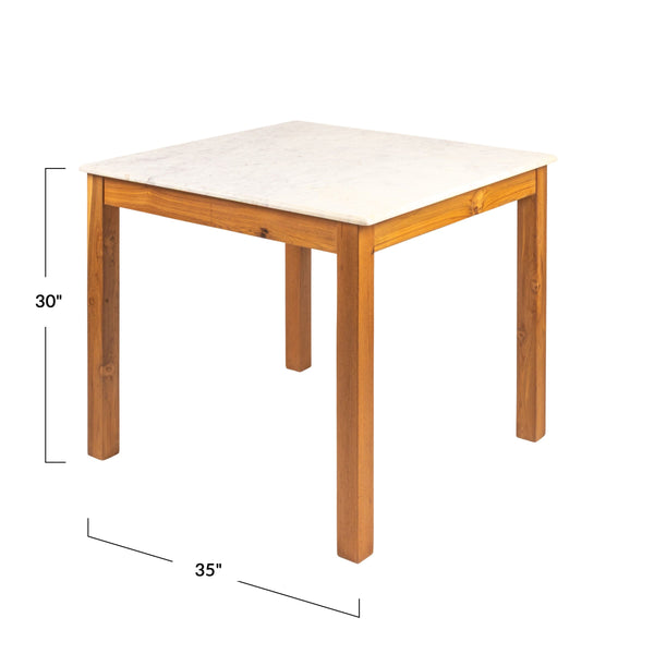 Rowena Interiors Square Solid Teak Marble Dining Table Seats Four Farmhouse Style Compact Nook Walnut Finish EC1986