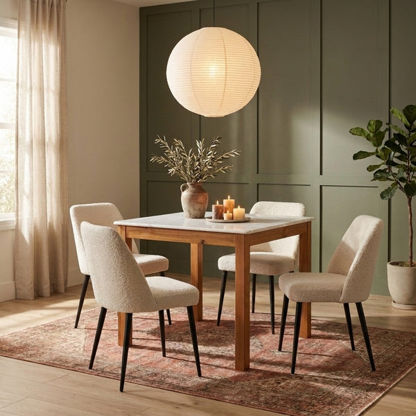 Rowena Interiors Square Solid Teak Marble Dining Table Seats Four Farmhouse Style Compact Nook Walnut Finish EC1986