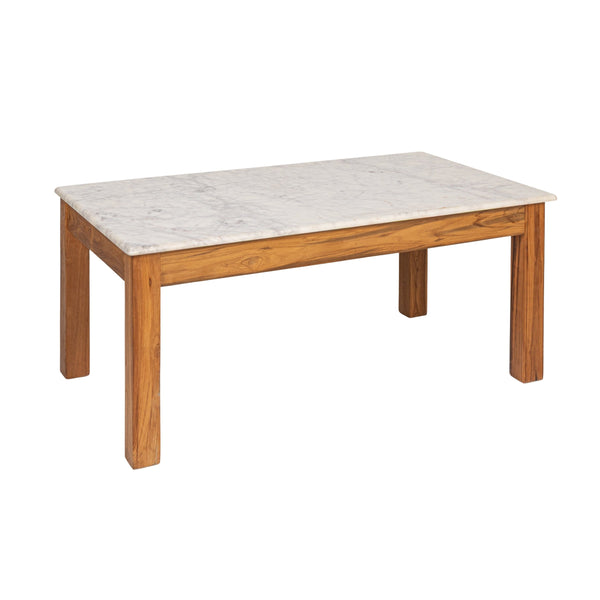 Rowena Interiors Rectangular Teak and Marble Coffee Table with Natural Stone Top for Modern Living Rooms Walnut Finish EC1987