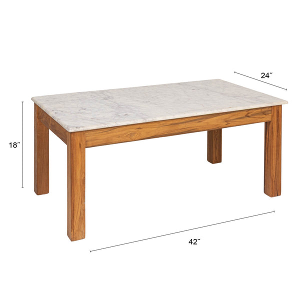Rowena Interiors Rectangular Teak and Marble Coffee Table with Natural Stone Top for Modern Living Rooms Walnut Finish EC1987