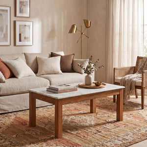Rowena Interiors Rectangular Teak and Marble Coffee Table with Natural Stone Top for Modern Living Rooms Walnut Finish EC1987