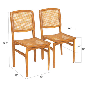 Rowena Interiors Teak Wood Cane Back Dining Chairs Bohemian Farmhouse Woven Seat Set of 2 EC1989