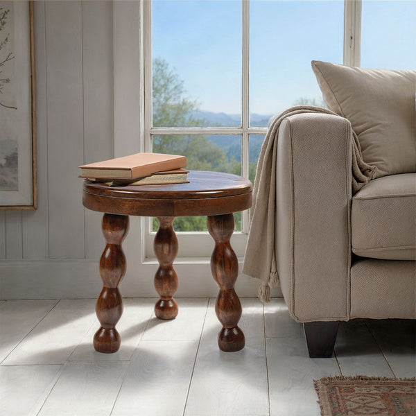 Rowena Interiors Round Solid Mango Wood Accent Table Walnut Finish Tripod Base Mid-Century Style EC1991