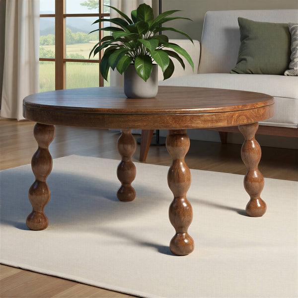 Rowena Interiors Round Mango Wood Coffee Table with Bobbin Turned Legs Walnut Finish Boho Living Room EC1992