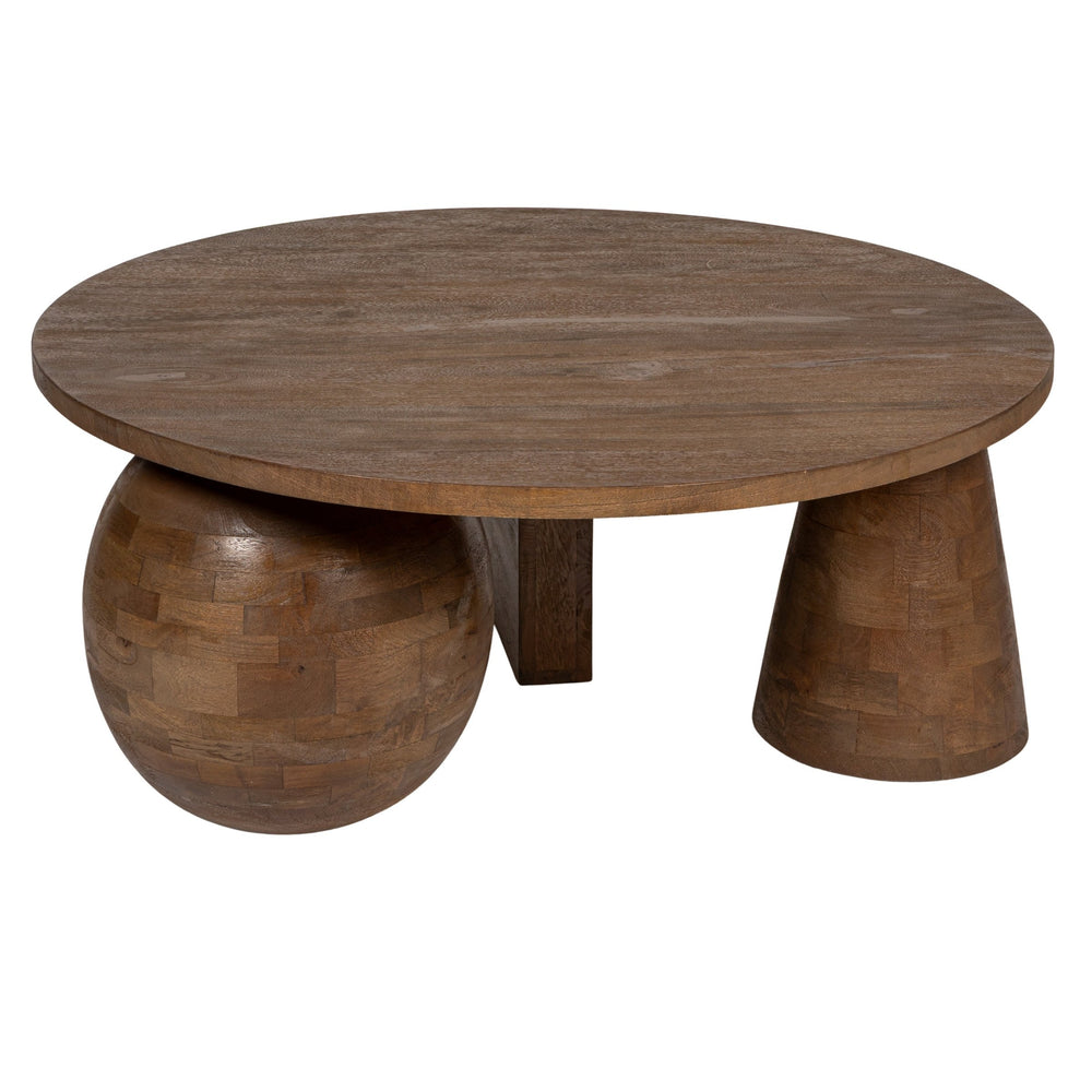 Rowena Interiors Round Solid Mango Wood Coffee Table Sculptural Ball Joint Base Farmhouse Living Room EC1994MC