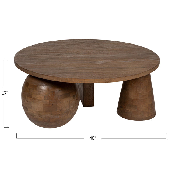 Rowena Interiors Round Solid Mango Wood Coffee Table Sculptural Ball Joint Base Farmhouse Living Room EC1994MC