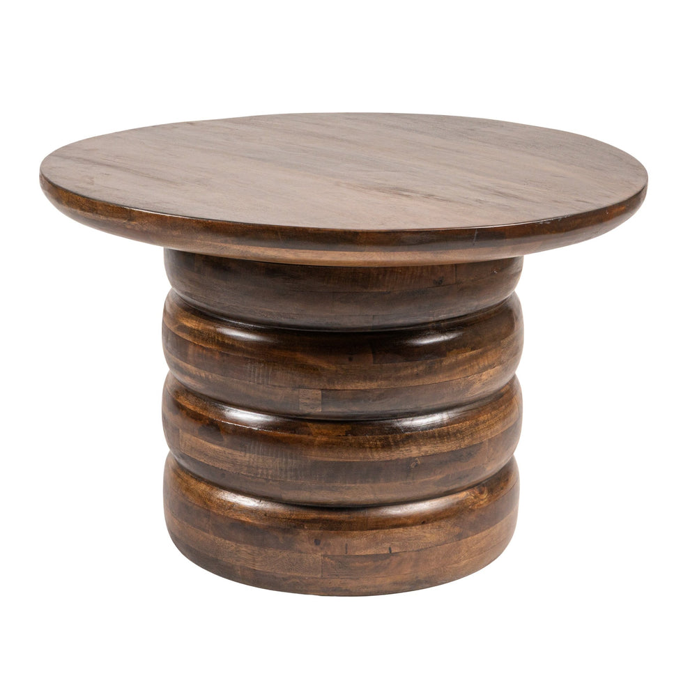 Rowena Interiors Round Mango Wood Coffee Table Sculptural Stacked Disc Base Warm Walnut Finish EC1995MC
