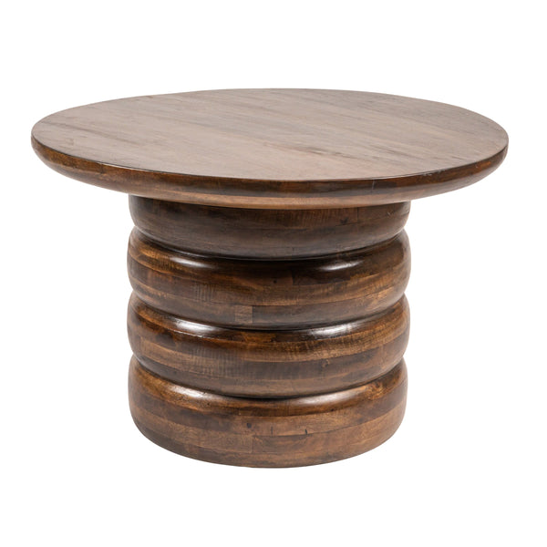Rowena Interiors Round Mango Wood Coffee Table Sculptural Stacked Disc Base Warm Walnut Finish EC1995MC