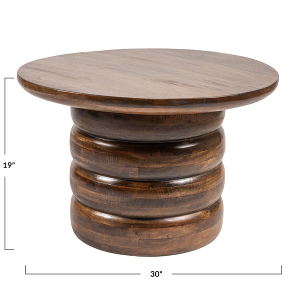 Rowena Interiors Round Mango Wood Coffee Table Sculptural Stacked Disc Base Warm Walnut Finish EC1995MC