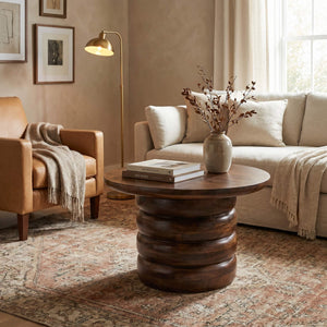 Rowena Interiors Round Mango Wood Coffee Table Sculptural Stacked Disc Base Warm Walnut Finish EC1995MC