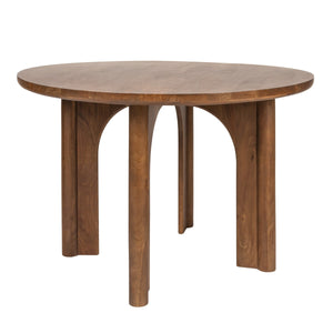 Rowena Interiors Round Solid Mango Wood Dining Table Sculptural Arched Base Walnut Finish Seats Four EC2000