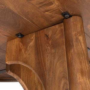 Rowena Interiors Round Solid Mango Wood Dining Table Sculptural Arched Base Walnut Finish Seats Four EC2000