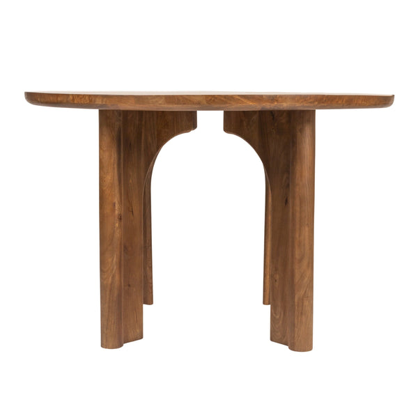 Rowena Interiors Round Solid Mango Wood Dining Table Sculptural Arched Base Walnut Finish Seats Four EC2000