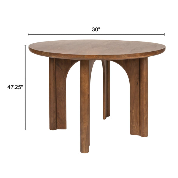 Rowena Interiors Round Solid Mango Wood Dining Table Sculptural Arched Base Walnut Finish Seats Four EC2000