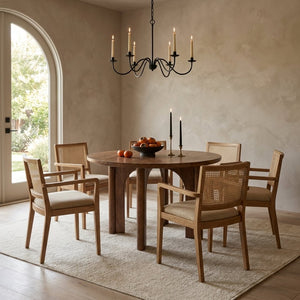 Rowena Interiors Round Solid Mango Wood Dining Table Sculptural Arched Base Walnut Finish Seats Four EC2000
