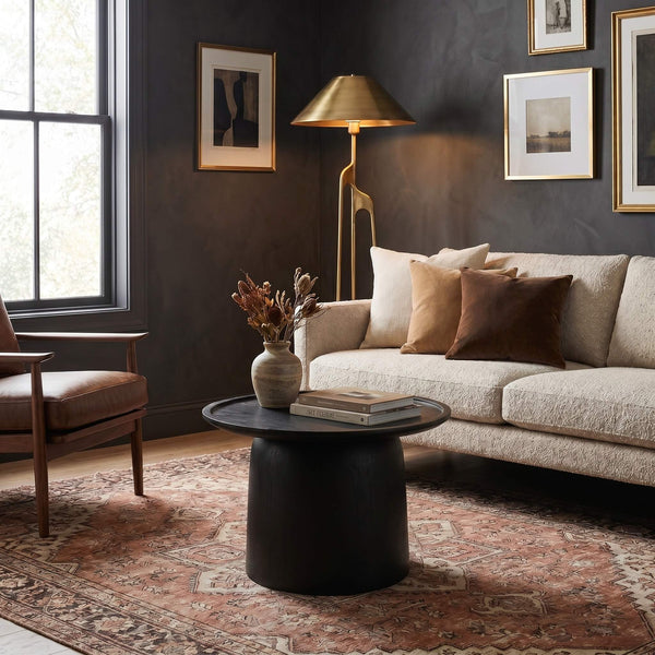 Rowena Interiors Round Solid Mango Wood Side Table with Sculptural Drum Base for Living Room EC2001MC