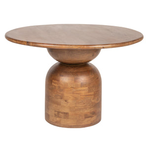 Rowena Interiors Round Solid Mango Wood Dining Table with Artisan Stacked Grain Base Seats Four Walnut Finish EC2007MC