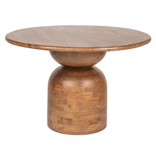 Rowena Interiors Round Solid Mango Wood Dining Table with Artisan Stacked Grain Base Seats Four Walnut Finish EC2007MC