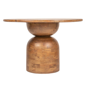 Rowena Interiors Round Solid Mango Wood Dining Table with Artisan Stacked Grain Base Seats Four Walnut Finish EC2007MC