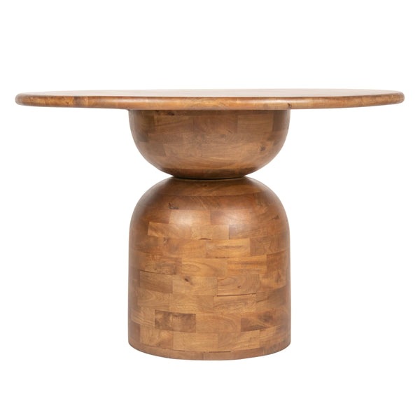 Rowena Interiors Round Solid Mango Wood Dining Table with Artisan Stacked Grain Base Seats Four Walnut Finish EC2007MC