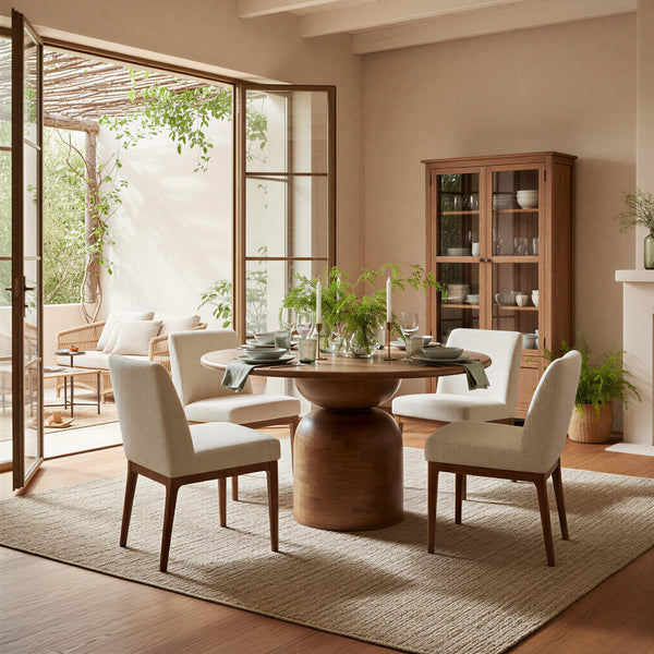 Rowena Interiors Round Solid Mango Wood Dining Table with Artisan Stacked Grain Base Seats Four Walnut Finish EC2007MC