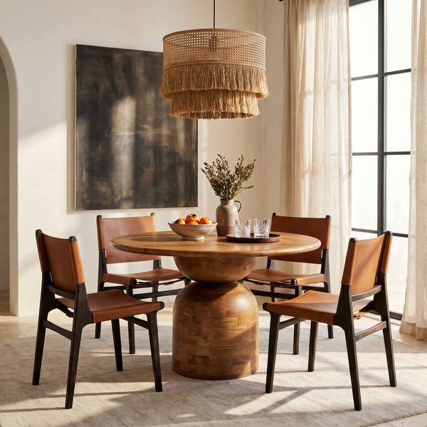 Rowena Interiors Round Solid Mango Wood Dining Table with Artisan Stacked Grain Base Seats Four Walnut Finish EC2007MC
