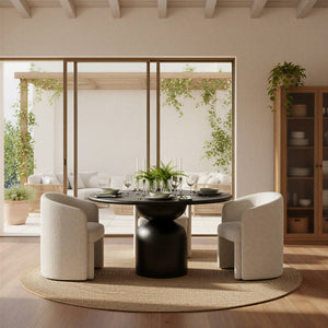 Rowena Interiors Round Solid Mango Wood Dining Table with Artisan Stacked Grain Base Seats Four Black EC2008MC