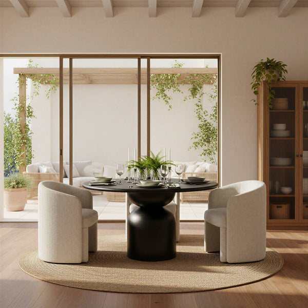 Rowena Interiors Round Solid Mango Wood Dining Table with Artisan Stacked Grain Base Seats Four Black EC2008MC