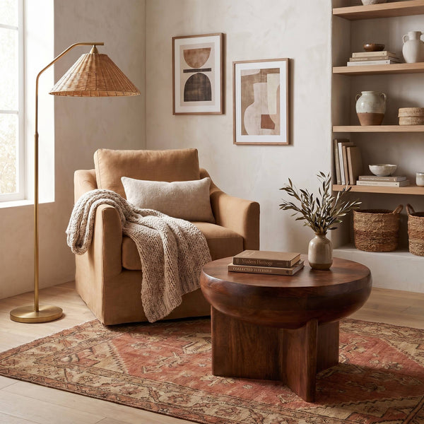 Rowena Interiors Semi-Sphere Solid Mango Wood End Table Walnut Finish Sculptural Organic Living Room Accent EC2022