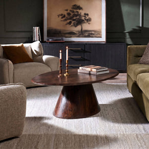 Rowena Interiors Asymmetrical Solid Mango Wood Coffee Table with Sculptural Conical Base for Living Rooms Walnut Finish EC2027MC