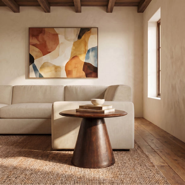 Rowena Interiors Asymmetrical Mango Wood Side Table with Sculptural Conical Base for Living Spaces Walnut Finish 23.75"L x 19.5"W x 20.5"H EC2031MC