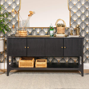Rowena Interiors Mango Wood Sideboard Solid Black Finish Grooved Doors Dining Living Storage EC2032