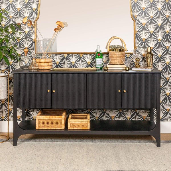 Rowena Interiors Mango Wood Sideboard Solid Black Finish Grooved Doors Dining Living Storage EC2032
