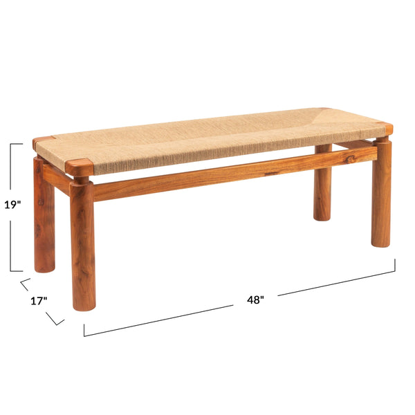 Rowena Interiors Rectangular Solid Acacia Bench with Handwoven Jute Seat for Entryway or Bedroom EC2035