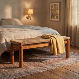 Rowena Interiors Rectangular Solid Acacia Bench with Handwoven Jute Seat for Entryway or Bedroom EC2035