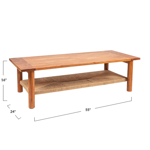 Rowena Interiors Rectangular Acacia and Handwoven Jute Coffee Table for Boho Farmhouse Living Rooms EC2037