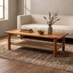 Rowena Interiors Rectangular Acacia and Handwoven Jute Coffee Table for Boho Farmhouse Living Rooms EC2037