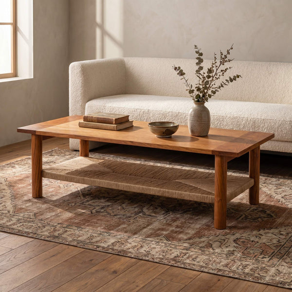 Rowena Interiors Rectangular Acacia and Handwoven Jute Coffee Table for Boho Farmhouse Living Rooms EC2037