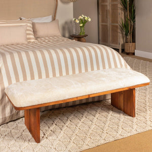 Rowena Interiors Rectangular Acacia Wood Bench with Crushed Velvet Seat for Bedroom or Entryway EC2039