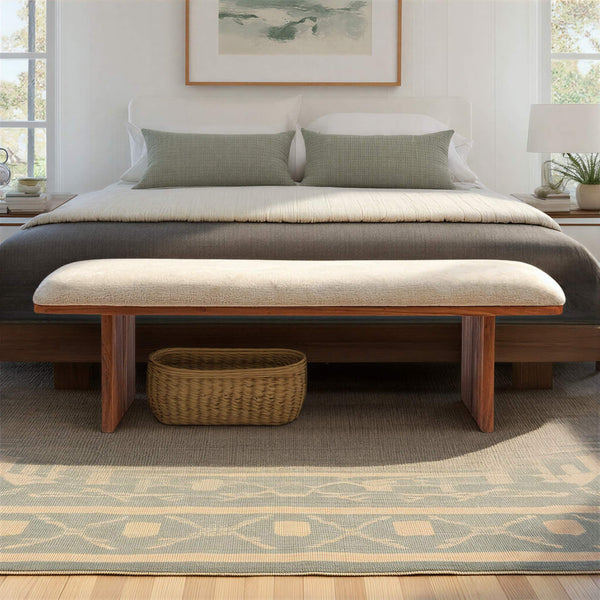 Rowena Interiors Rectangular Acacia Wood Bench with Crushed Velvet Seat for Bedroom or Entryway EC2039