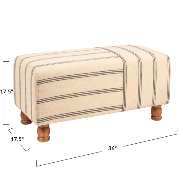 Rowena Interiors Rectangular Ticking Stripe Cotton Upholstered Bench with Solid Acacia Wood Base EC2040